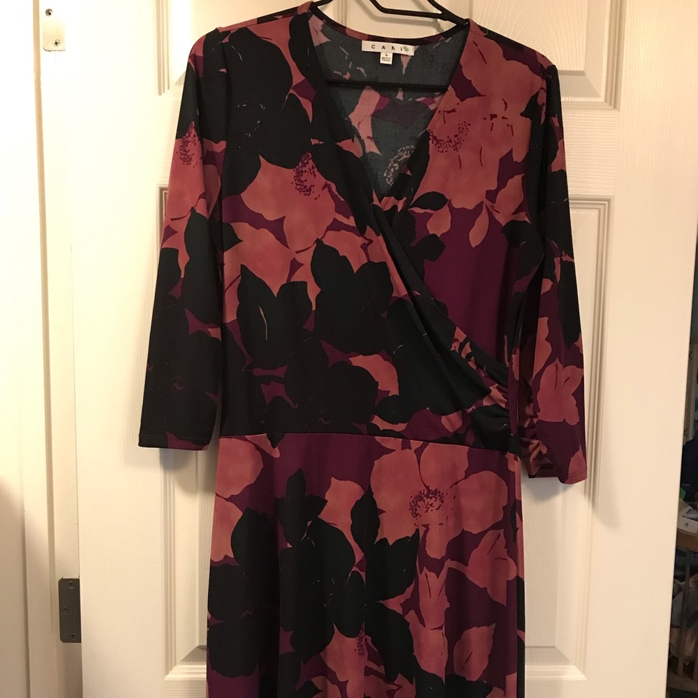 CAbi v-neck, wrap top floral dress, l/s, size L